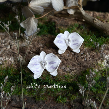 White Purple Enamel Orchid Stud Earrings Crystal Center