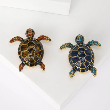 Enamel Sea Turtle Brooch Rhinestone Flippers Gold Tone Pin