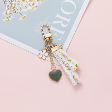 Floral Fabric Strap Keychain With Enamel Daisy And Heart Charms