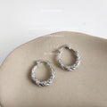Silver Tone Clear Stone Leaf Pattern Round Hoop Earrings view 4