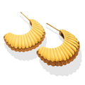 Gold Ribbed Shell C Shape Fan Stud Earrings Brass Tone view 5