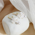 White Pearl Look Flower Cluster Gold Dangle Earrings view 3