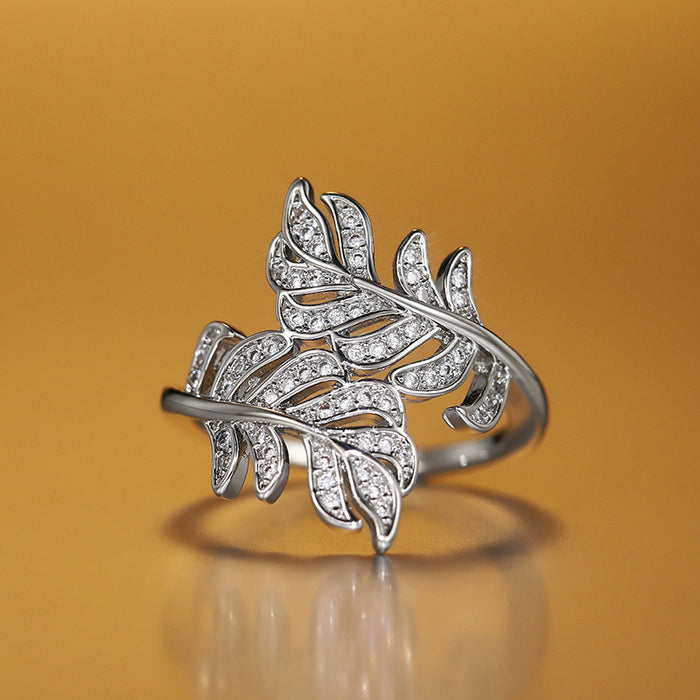 Silver Tone Layered Leaf Cluster Crystal Ring Jewelry