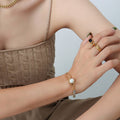 Double Ball Chain Bracelet Pearl Toggle Baguette Stones view 4