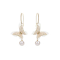 Black Mesh Butterfly White Pearl Look Long Huggie Earrings view 5