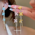 Pastel Flower and Chain Tassel Stud Earrings in Three Colors view 1