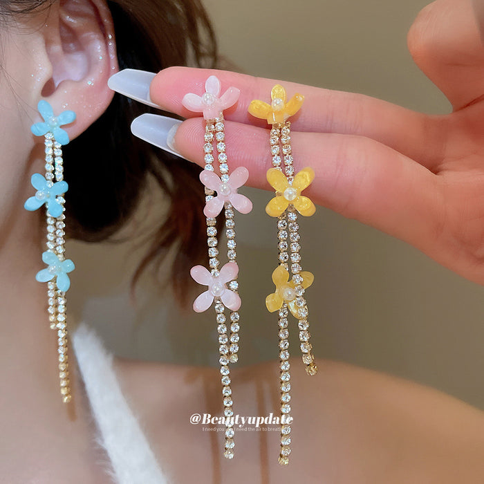 Pastel Flower and Chain Tassel Stud Earrings in Three Colors