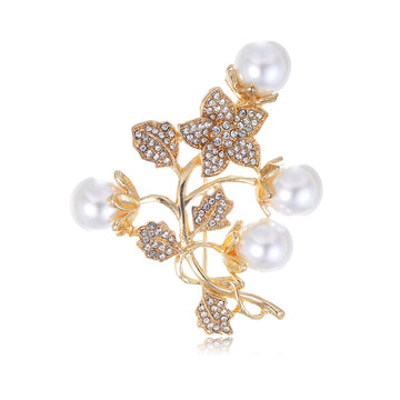 Gold Tone Plum Blossom Crystal Pearl Look Two Designs Metal Brooch Pin
