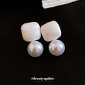 White Square And Pearl Drop Earrings With Polished Metal Details view 4