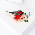 Enamel Red Black Bird Brooch Green Leaves Gold Branch view 3