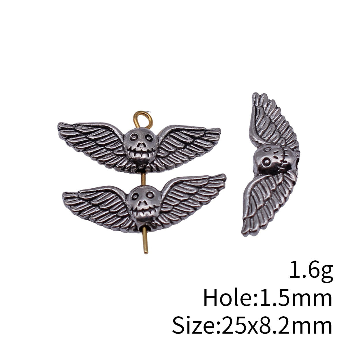 25x8.2mm 1.6g Antique Silver Zinc Alloy Skull Wing Loose Metal Double Sided Beads for Bracelet Necklace DIY Jewelry