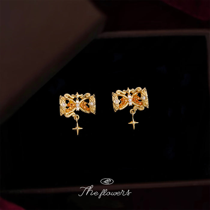 Gold-Tone Amber Crystal Hourglass Star Charm Stud Earrings