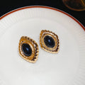 Gold Tone Oval Textured Stud Earrings with Black Centers view 6