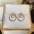 Pearl Trim Letter D Gold Tone Statement Hoop Stud Earrings view 2