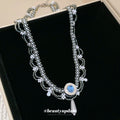 Silver Gray Blue Beaded Scallop Necklace with Teardrop Accent view 2