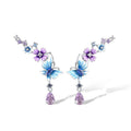 Blue Purple Enamel Butterfly Flower Drop Earrings White Metal view 1