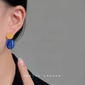 Matte Beige Disc Studs Blue Marbled Oval Drop Earrings view 2
