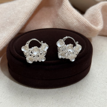 White Floral Basket Pearl Huggie Hoop Earrings Fashion Jewelry