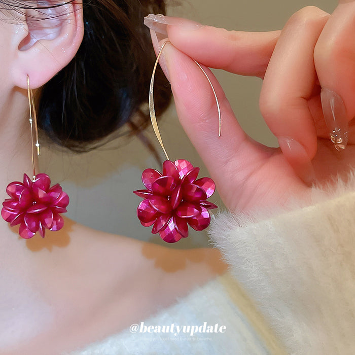 Gold Hook Earrings With Fuchsia Flower Drops Statement Jewelry