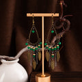 Green Bead and Leaf Antique Gold Chandelier Earrings view 4