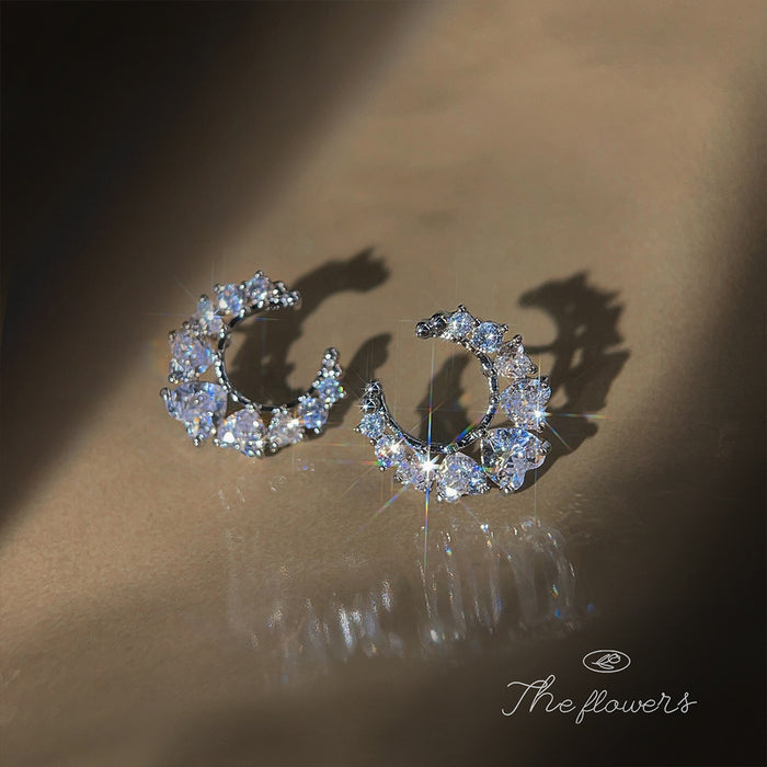 Silver Tone Crescent Moon Stud Earrings Clear Mixed CZ