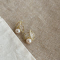 Gold Tone Leaf and Pearl Drop Stud Earrings With Polished Metal Details view 6