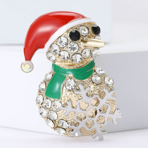 Snowman brooch close-up on white blocks showing face and scarf detail