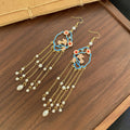 Floral Oval Pearl Look Chain Tassel Long Hook Earrings view 4