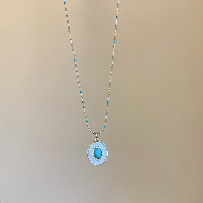 Silver Oval Mother Of Pearl Turquoise Pendant Necklace