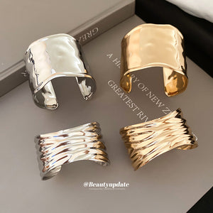 Open Metal Wave Cuff Bracelets Gold Silver Ridged Smooth