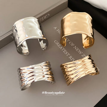 Open Metal Wave Cuff Bracelets Gold Silver Ridged Smooth