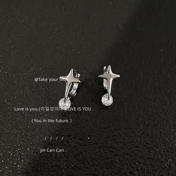 Silver Tone Star Huggie Hoop Earrings Clear Crystal Drop