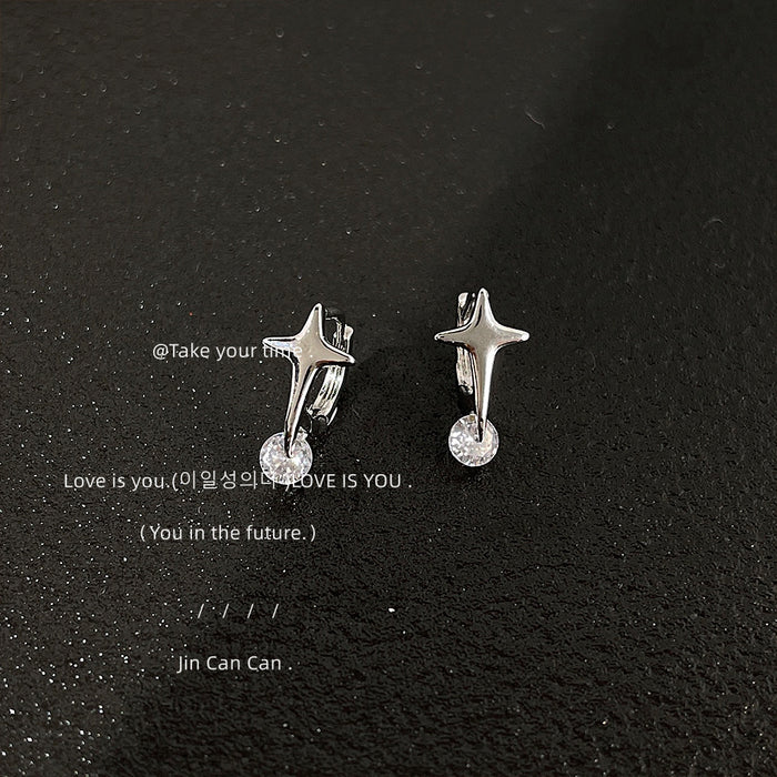 Silver Tone Star Huggie Hoop Earrings Clear Crystal Drop