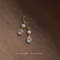 Gold Tone White Pearl And Clear Oval Stone Hook Earrings view 4