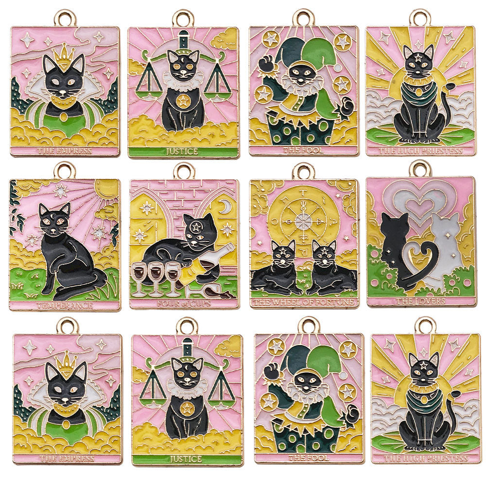 Enamel Zinc Alloy Tarot Card Black Cat Charm Pendant for Necklaces Keychains and Bags