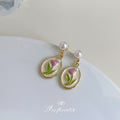 Gold Pearl Drop Earrings Pink Enamel Tulip Oval Disc view 1