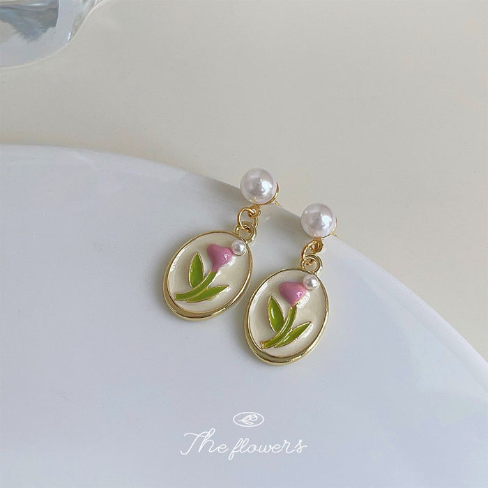Gold Pearl Drop Earrings Pink Enamel Tulip Oval Disc