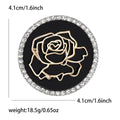 Round Rose Brooch In Metal With A Black Enamel Field, Gold-Tone Rose Outline, And Crystal view 5