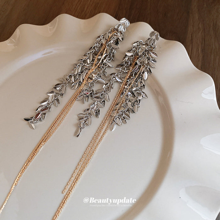 Two Tone Wheat Leaf Chain Fringe Statement Stud Earrings