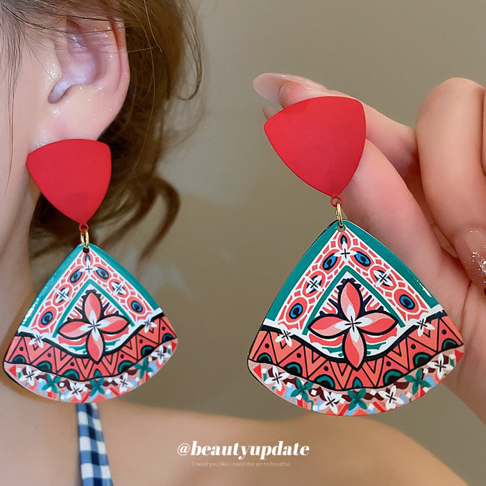 Red Patterned Triangle Drop Earrings With Beaded Trim