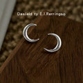 Silver Tone Polished Double Ridge Crescent Moon Stud Earrings view 4