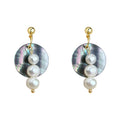 Gold Tone Iridescent Shell Disc And Triple White Pearl Stud Earrings view 5