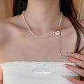 White Pearl Enamel Camellia Pendant Gold Dangle Necklace view 3