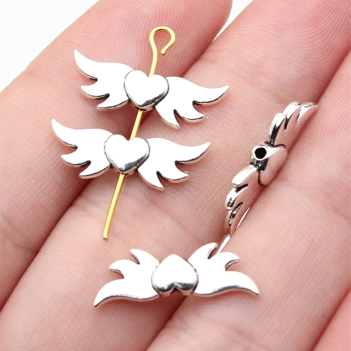 20x7.7mm 0.84g Antique Silver Zinc Alloy Heart Wing Loose Metal Beads for Bracelet Necklace DIY Making