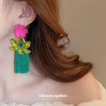 Pink and Green Floral Woven Tassel Earrings Fashion Jewelry view 3