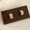 Gold Ribbed Stacked Heart Stud Earrings Textured Pair view 3