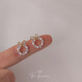 Gold Bow Open Circle Pearl and CZ Stud Earrings Pair view 1