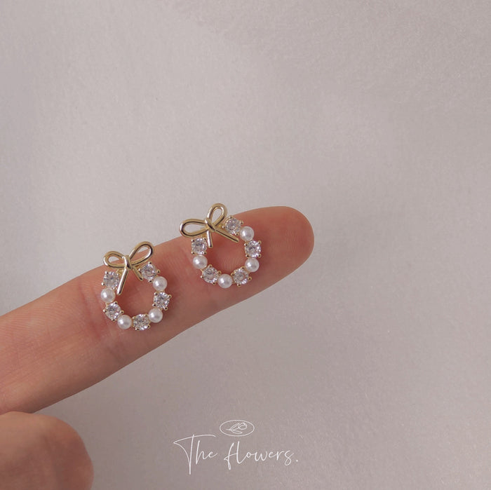 Gold Bow Open Circle Pearl and CZ Stud Earrings Pair