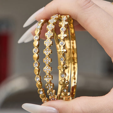 Thin Zircon Teardrop Clover Cross Bangle Gold Steel
