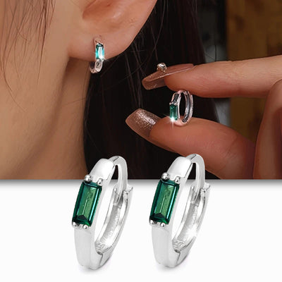 Collage silver green baguette hoops worn held and product pair view